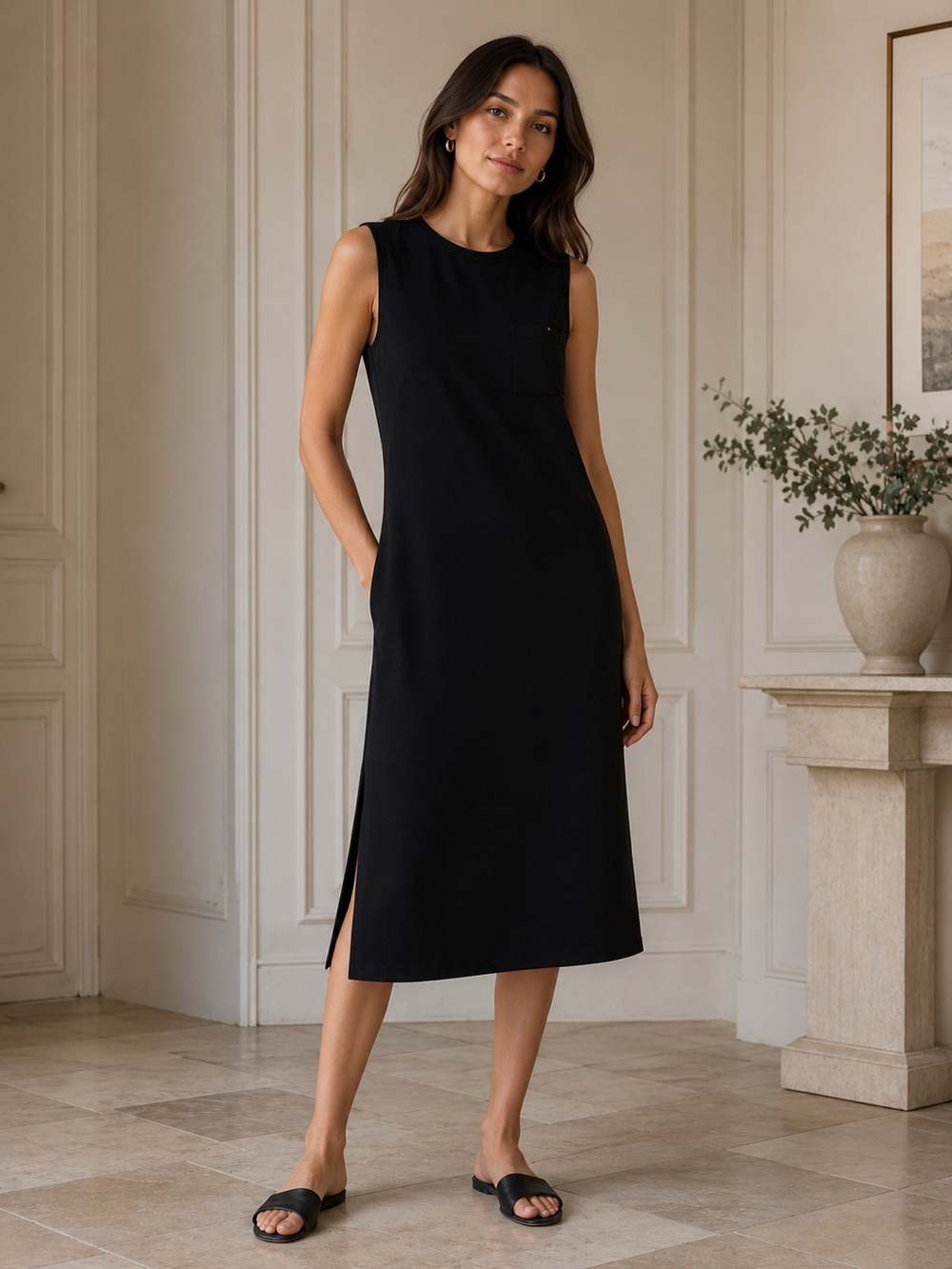 Theory Black Muscle Dress Modal Cotton MIDI Dress Sz S